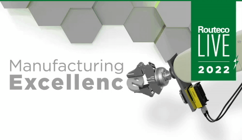 Routeco LIVE Manufacturing Excellence with moving robot arm gif