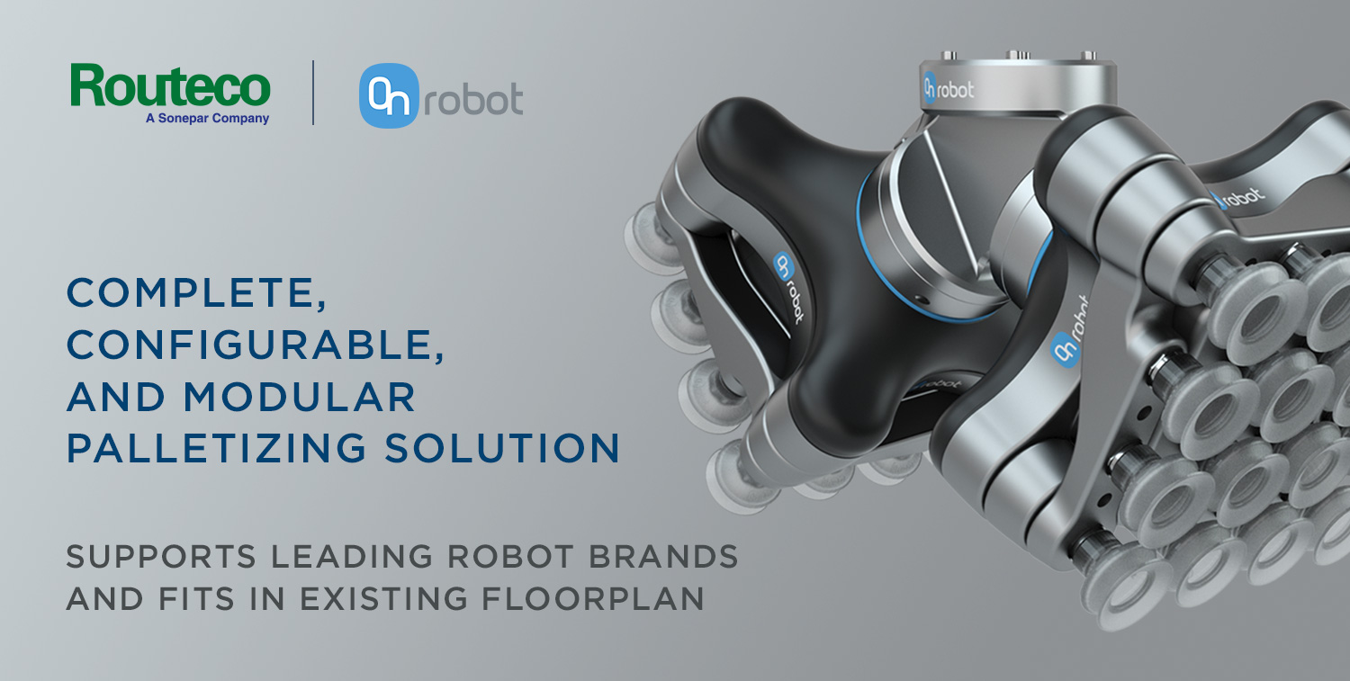 OnRobot robot arm - complete, configurable, and modular palletizing solution. It supports leading robot brands and fits into existing floorplans